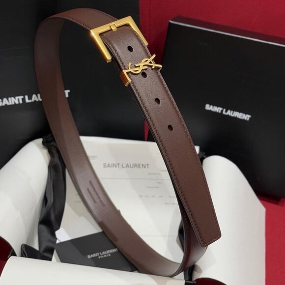 Saint Laurent Brown Belt 3cm 95cm - Gold YSL, New with Box main image 5